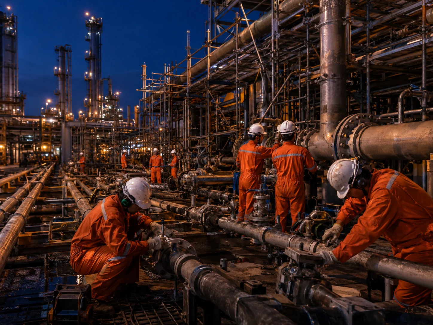 Shutdown and turnaround maintenance team working on refinery piping